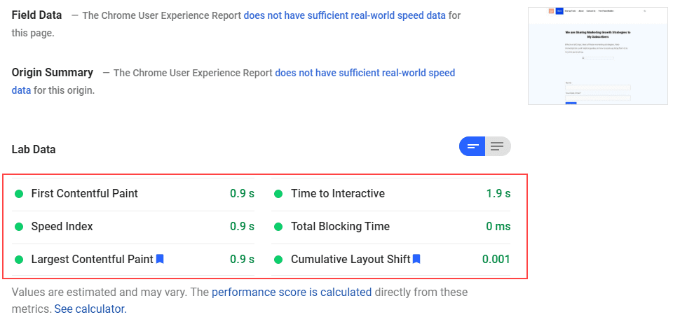 core web vital result