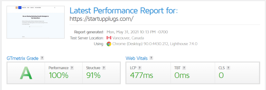 rocket net speed test: gtmetrix speed result