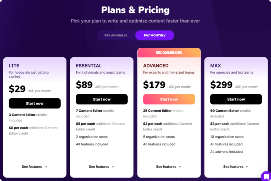 surfer seo pricing: options