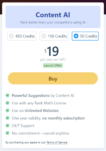 rankmath content ai pricing