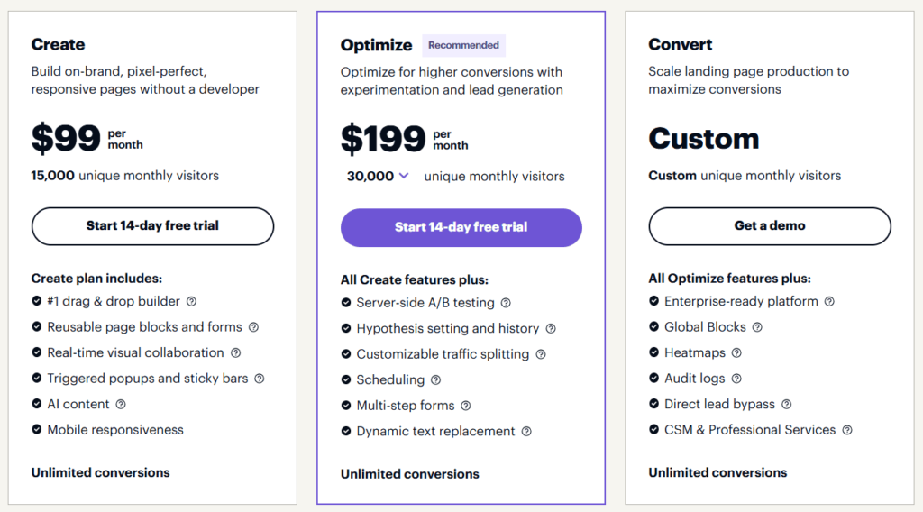 instapage pricing plans