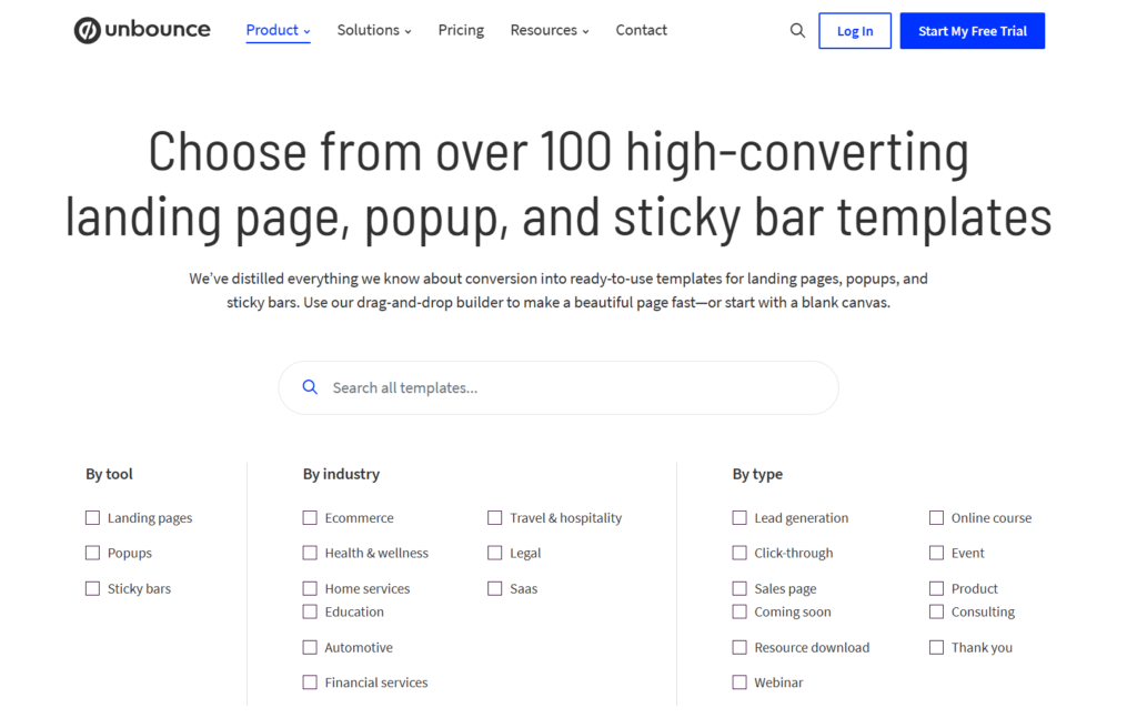 unbounce landing page templates categorized