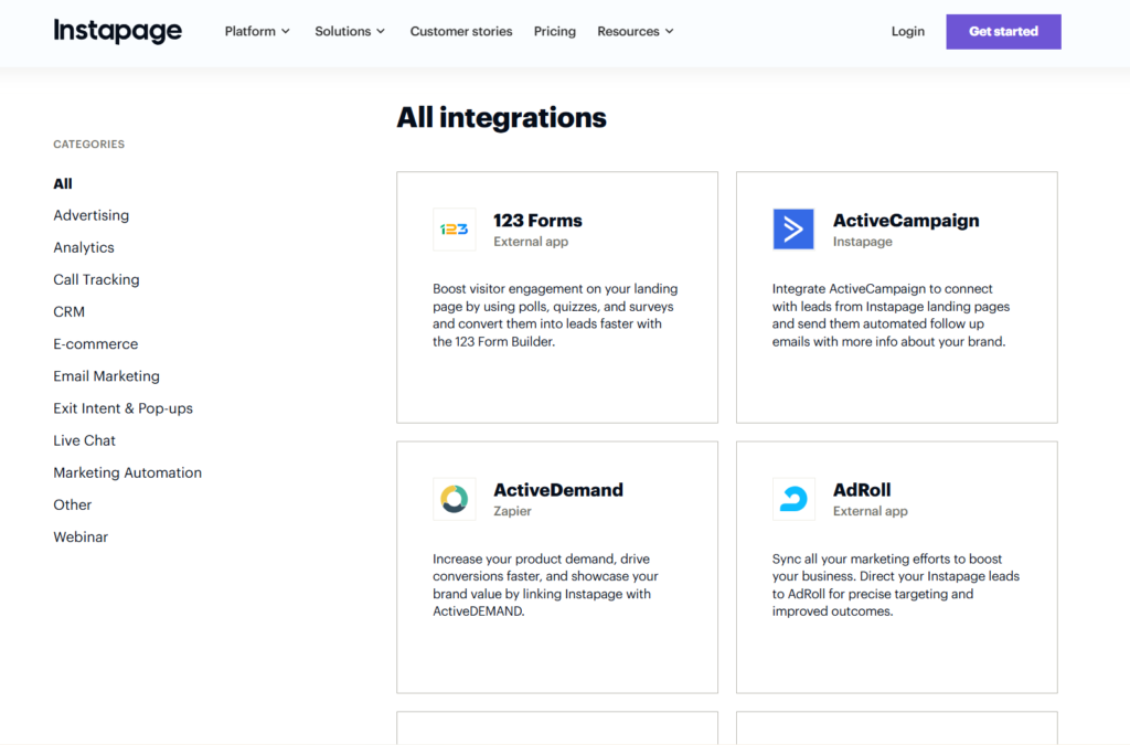 Instapage integrations comparison with wix integrations