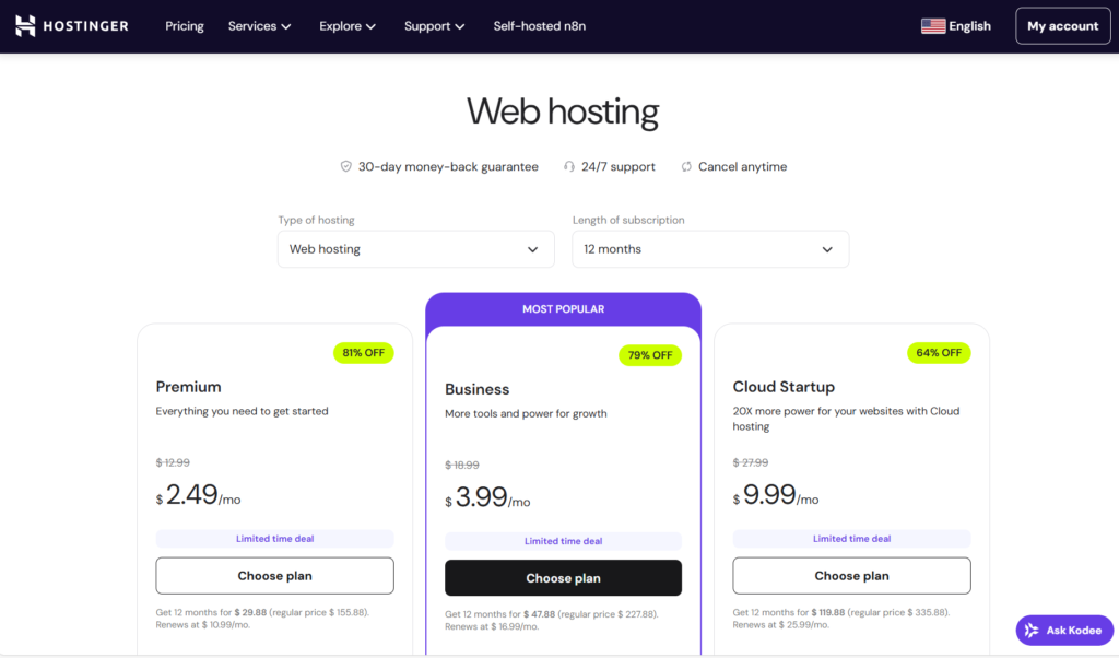 hostinger pricing plans