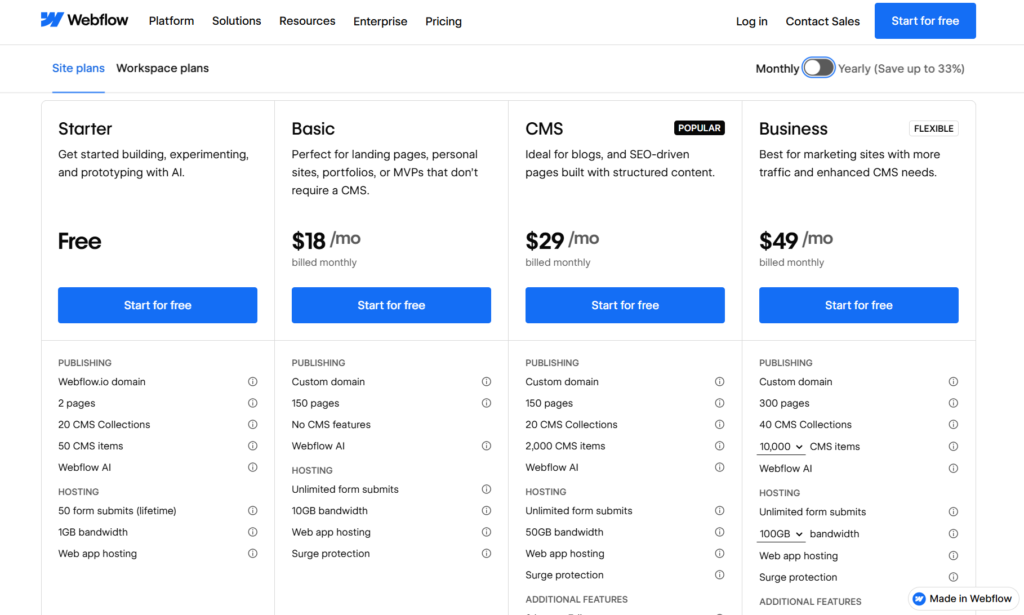 webflow pricing