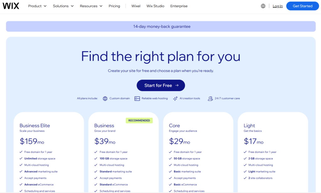 comparison of wix pricing plans with instapage