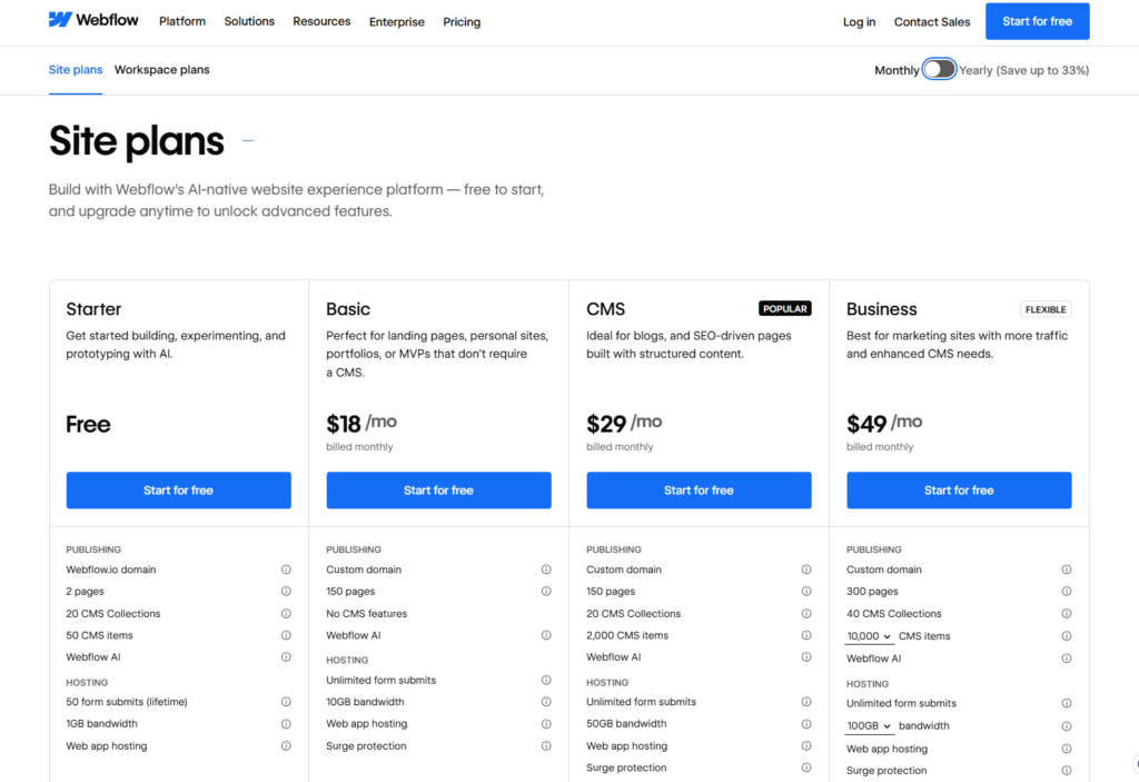 webflow pricing plans compared with framer